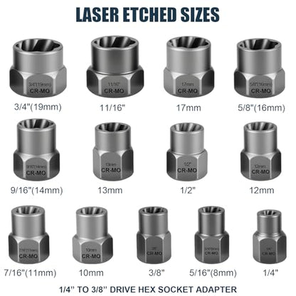 Bolt Extractor Kit, 14Pcs Cr-Mo Steel Bolt Extractor Set, 3/8" Drive Impact Bolt & Nut Remover Socket Tool Kit, Stripped For Damaged, Frozen, Studs, Rusted, Rounded-Off Bolts, Nuts & Screws