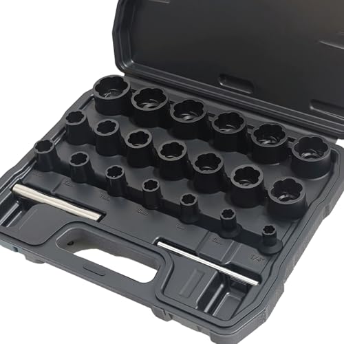 22pcs Bolt Nut Extractor Set Impact Lug Nut Removal Extractor Tool | 1/2" and 3/8" Drive Wheel Lock Removal Kit for Extracting Damaged, Stripped Frozen Nuts & Screws Twist Socket Set