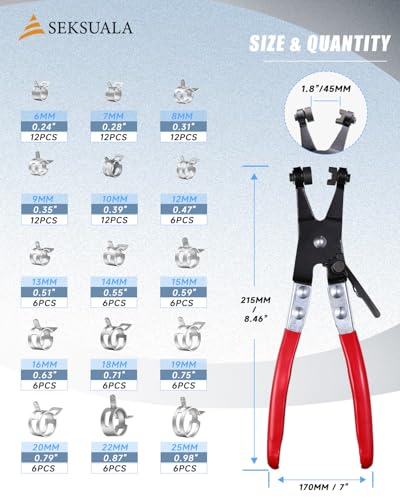 120Pcs 1/4" to 1" (6-25mm) Spring Band Hose Clamps Assortment Kit with Swivel Flat Hose Clamp Plier, SEKSUALA Constant Tension Steel Clamps for Fuel Lines, Silicone,Vacuum Hoses (Grey) - size: Grey-120Pcs-15Size(6-25mm)