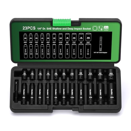 TecoTek 23 Pieces 1/4-Inch Drive Shallow and Deep 12-Point Impact Socket Set, CR-V, 5/32 to 9/16 in, SAE, 1/4"-1/4" Drill Adapter - size: 4 - 14 mm (23 PCS)
