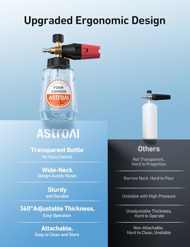 AstroAI Foam Cannon for Pressure Washer, Snow Clear Foam Cannon, Wide Neck Foam Blaster Adjustable Nozzle for Car Wash Accessories, with 1/4 Inch Quick Connector,1 L Clear Bottle - size: 1L BOTTLE,without tips