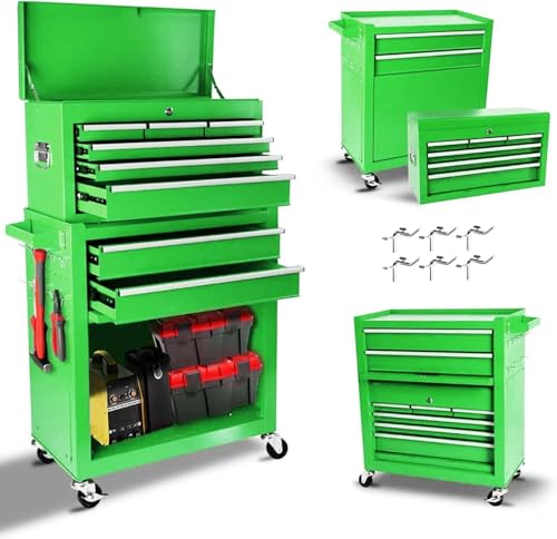 8 Drawers Rolling Tool Chest, 2-in-1 Detachable Metal Tool Storage Cabinet with Wheels, Lockable Tool Cart with Hooks for Garage, Workshop or Salon Use, Green - color: Green, size: 8 Drawers