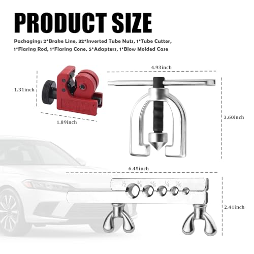 25Ft 1/4" and 3/16" Brake Line Kit,Single & Double Brake Line Flaring Tool Kit with 32 Inverted Fittings and Brakes Flare Tool Kits,Copper Plated Brakes Lines Repair Kits