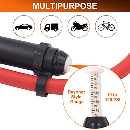 Tire Inflator 10-120 PSI Tire Pressure Gauge with 12 Inch Air Hose，Lock on Air Chuck, Heavy Duty 1/4'' NPT Tire Inflator Gauge Compatible with Air Pump Compressor for Car Truck Motorcycle Bike - size: 12" hose tire inflator gauge