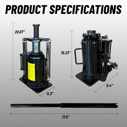 20 Ton Low Profile Air Hydraulic Bottle Jack with Air-Powered or Manual Operation, One-Piece Hydraulic Cylinder Design, Air Bottle Jack with Independent Air Pump Body and Carry Handle - color: Black