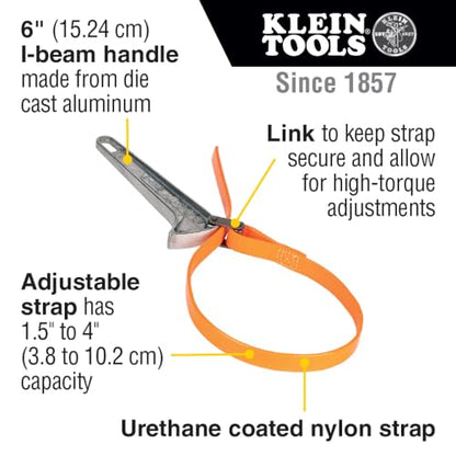 Klein Tools S6HB Strap Wrench, Adjustable Grip-It Strap Wrench Adjusts 1-1/2 to 4-Inch, 6-Inch Handle - size: 6-Inch Handle