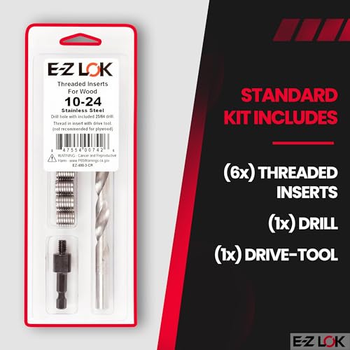 E-Z LOK 400-3-CR Threaded Inserts for Wood, Installation Kit, Stainless Steel, Includes 10-24 Knife Thread Inserts (6), Drill, Installation Tool - size: 10-24