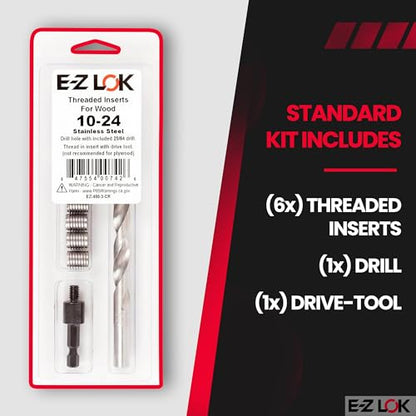 E-Z LOK 400-3-CR Threaded Inserts for Wood, Installation Kit, Stainless Steel, Includes 10-24 Knife Thread Inserts (6), Drill, Installation Tool - size: 10-24
