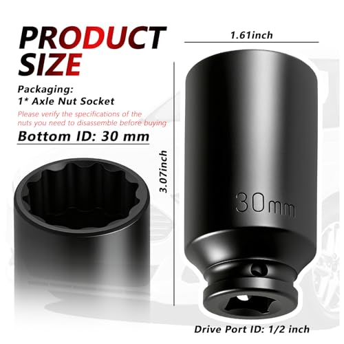 30mm Socket 1/2" Drive,Anti-Slip 12-Point Deep Impact Socket for Hub & Axle Nut Quick Removal by Impact Wrench,Universal Professional Axle Nut Sockets as Automotive Tools