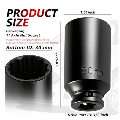 30mm Socket 1/2" Drive,Anti-Slip 12-Point Deep Impact Socket for Hub & Axle Nut Quick Removal by Impact Wrench,Universal Professional Axle Nut Sockets as Automotive Tools