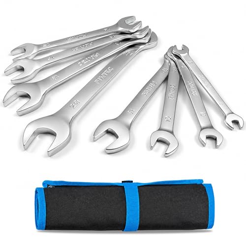 FIXTEC Wrench Set, 8-Piece Metric Double Open-End Spanner Set (6×7mm–20×22mm), CR-V Steel with Rolling Pouch for Automotive Repair, Mechanics and Tight Spaces
