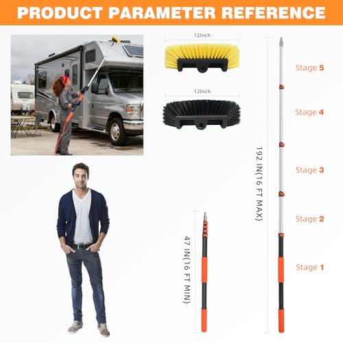 16FT Car Wash Brush with Long Handle Telescoping Extension Pole Angle Adapter with Soft and Hard Bristle Scratch-Free for Cleaning Car Truck RV House Floor Window Roof Solar Panels - size: 16 FT