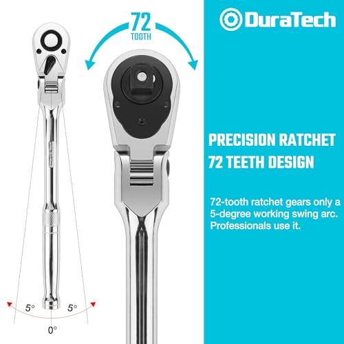 DURATECH 1/2" Drive Flex-Head Ratchet | 72-Tooth Ratchet Wrench, Quick-release, Reversible Switch, Full-Polished Chrome Plating, Alloy Steel - size: 1/2" Drive