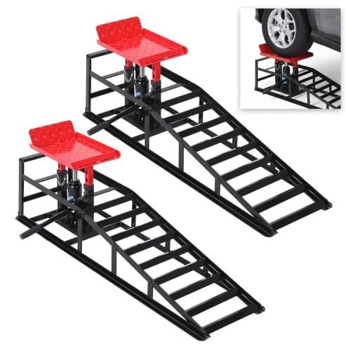 2 Pack Hydraulic Car Ramps 5 Ton Capacity, Heavy Duty Steel Vehicle Ramps with 9.8"-15" Adjustable Height for Oil Changes & Maintenance, Low Profile Wide Deck for Cars SUVs Trucks - color: Red, 2 Pack