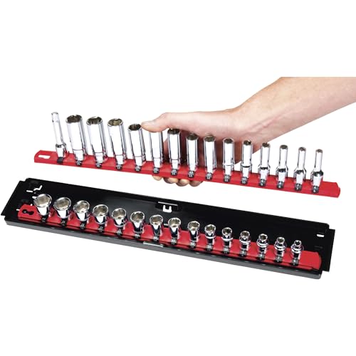 Ernst Manufacturing 18-Inch Socket Boss 2-Rail 1/2-Inch-Drive Socket Organizer with Twist Lock Secure Hold and Toolbox Drawer Tray, Red - Made in USA - color: Red, size: 1/2"