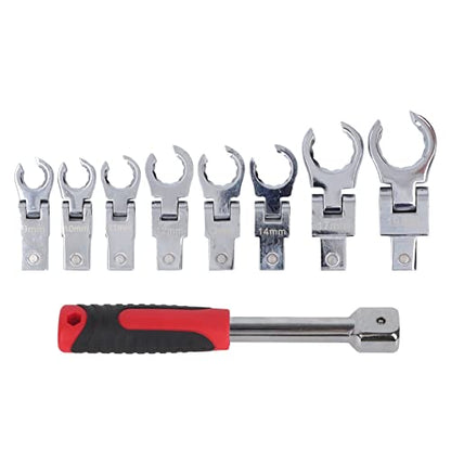 flexman 9Pcs Flex Head Flare Nut Wrench Set, 9~19mm Chrome Vanadium Steel 180 Degree Rotating Spanner with Handle, Flexible Head Torsion Wrench for Tight Spaces