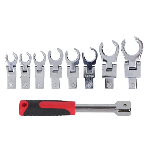 flexman 9Pcs Flex Head Flare Nut Wrench Set, 9~19mm Chrome Vanadium Steel 180 Degree Rotating Spanner with Handle, Flexible Head Torsion Wrench for Tight Spaces