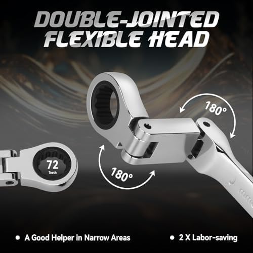 DISEN Double Jointed Extra Long Flex Head Ratchet Wrench Set, 6 PCS Metric 8-19mm Box End Ratcheting Wrench with a Magnetic Pickup Tool Kit, 72-Teeth, Cr-V Steel,12 Point Combination Wrench set - size: Silver Double Jointed SET
