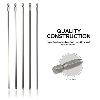 NEIKO 10043A Extra Long Bit Set | 5-Piece | Cr-V Steel | 12-Inch Length Phillips and Slotted Screwdriver Bits |1/4-Inch Hex Shank | Power Driver Bit Set - size: Screwdriver Bit, style: Phillips and Slotted