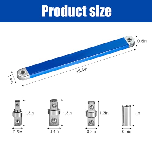 Impact-Ready Offset Extension Wrench Set, 15.4" Ratchet Extension Wrench with 1/2", 1/4" & 3/8" Square Drive Adapters, Universal Tight Space Wrench Extender for Small & Hard-to-Reach Areas