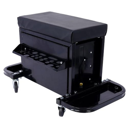 3-Drawer Chest Rolling Mechanic Seat with Tool Trays 350lbs Max Weight Capacity Toolbox Seat for Garage Warehouse Black