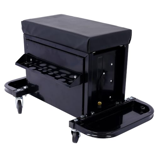 3-Drawer Chest Rolling Mechanic Seat with Tool Trays 350lbs Max Weight Capacity Toolbox Seat for Garage Warehouse Black