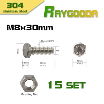 M8-1.25x30mm Hex Bolt and Nut Kit 15set, 304 Stainless Steel (A2-70), Full Thread, Bright Finish, Machine Threaded for Automotive, Machinery, DIY - size: M8x30mm(15 Sets）