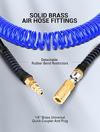 EVOULTES 1/4 In x 28 Ft Polyurethane Recoil Air Compressor Hose, Upgraded Air Hose with Repairable Bend Restrictor, Air Hose kit w/ 360° Swivel 1/4" NPT Coupler & Brass Quick Connect Air Fittings - color: Blue