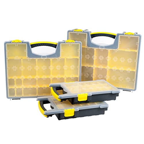 Storage Organizer Tool Box Set - Set of 4 Plastic Clear Top Parts, Craft, and Hardware Organizers with 3 Sized Compartments by Stalwart (Yellow/Black)
