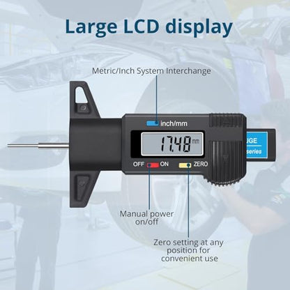 Tire Tread Depth Gauge Digital Tire Tread Depth Gauge 0-25.4mm Range,0.01mm Resolution,Large LCD Display,Handheld Easy Read Tire Depth Gauge for Cars,Trucks,Motorcycles