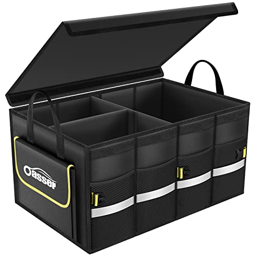 Oasser Car Trunk Organizer, 3 Compartments Collapsible Waterproof Car Organizer Storage with Foldable Cover, Reflective Strip, Non-Slip Bottom, 4 Mesh Pockets for SUV/Truck/Sedan/Camping/Road Trip - color: Black, size: Standard