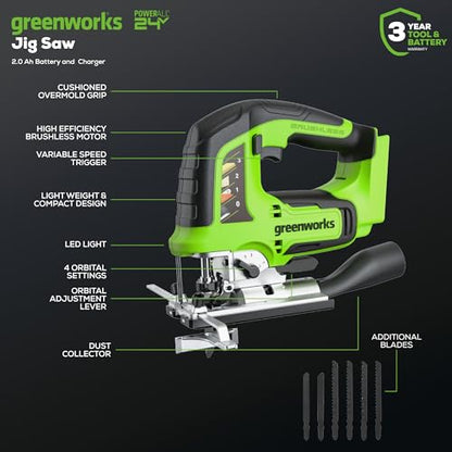 Greenworks 24V Cordless Power Tool 3pcs Combo Kit, Jig Saw with 4Ah USB Battery & Charger, Circular Saw (6-1/2") & Reciprocating Saw, Brushless Motors, 3000 SPM & 4800 RPM - size: 3PCS Combo Kits(Circular+Recip+Jig Saw)