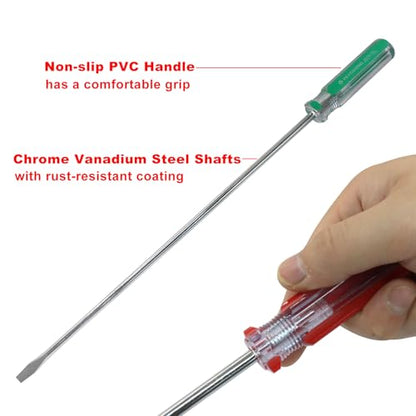 10 Inch Long #1 Phillips & 5mm Slotted Screwdriver 2-Piece Set, Magnetic Tip Flat Blade Cross-head Screwdrivers (Red, Green) - size: 10 Inch #1 (Phillips+Slotted)