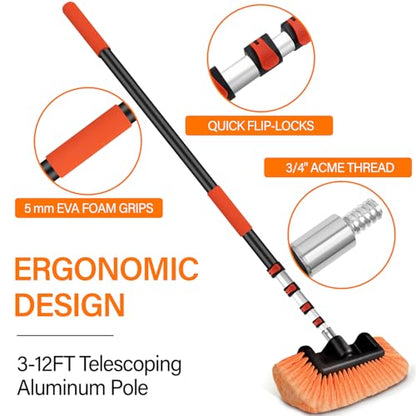 18 FT Reach Car Wash Brush with Long Handle, Car Cleaning Kit with 3-12FT Extension Pole, Soft Bristle Brush, Chenille Microfiber Cleaning Mop&Mitt, Window Squeegee, Wheel Brush for RV, Truck