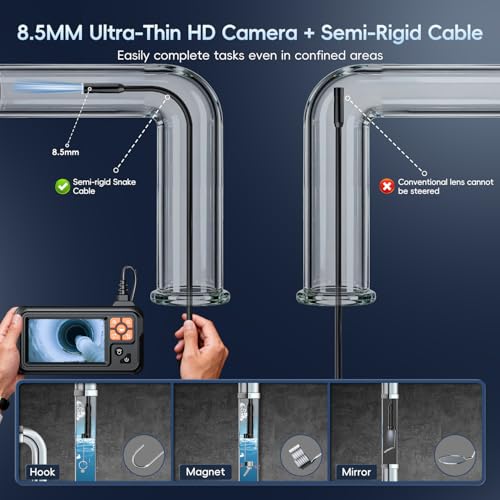 SKYBASIC Industrial Endoscope Borescope Camera with Light, 4.3'' HD Digital Handheld Waterproof Sewer Tools Snake Inspection Camera with 8 LED Lights 65.6FT Semi-Rigid Cable, Cool Gift Gadgets for Men - size: 65.6FT