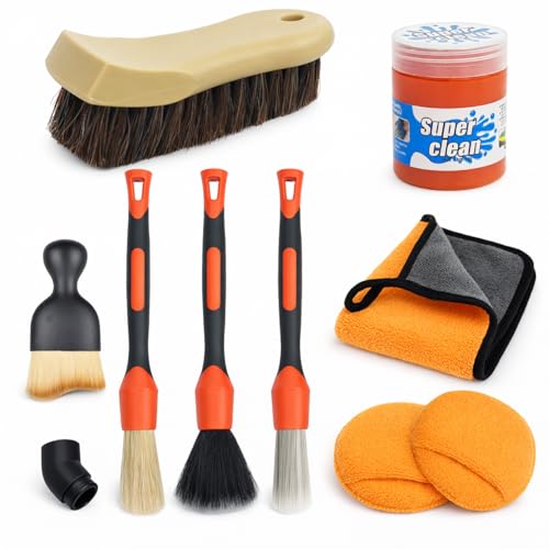 9PCS Car Detailing Brush, Horse Hair and Boar Bristle Brush Set with Elbow Adapter, Microfiber Wax Applicator Pads, Drying Towel and Cleaning Gel,Cleaning Kit for Interior Exterior
