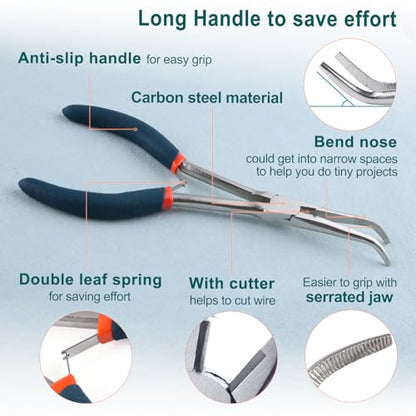 SPEEDWOX Long Reach Needle Nose Pliers with Serrated Jaws Bend Nose Pliers Fish Pliers Hook Remover Angled Needle Nose Plier with Cutter for Hard to Reach Narrow Spaces Jewerly Making - style: Needle Nose Pliers with bend nose
