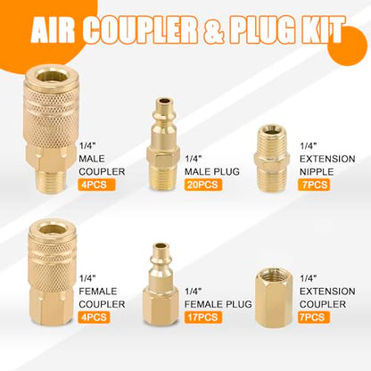 Air Coupler & Plug Kit,60Pcs 1/4 Inch NPT Air Tool Fittings Set,Quick Connect Air Hose Fittings Air Compressor Accessories