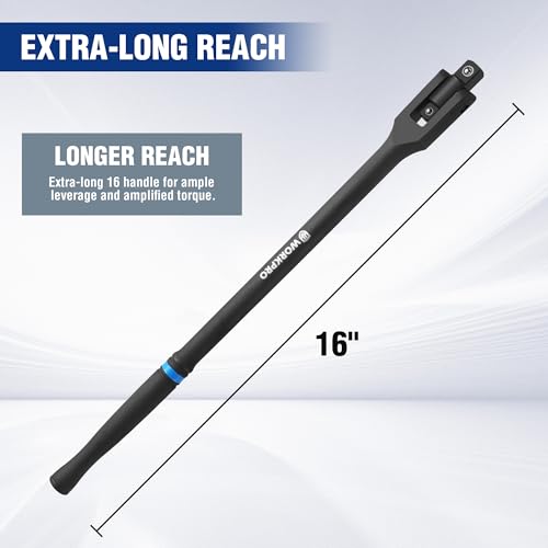 WORKPRO 16-inch Dual Drive Breaker Bar, 3/8" & 1/2" Drive, Heavy Duty Breaker Bars with 360° Flex Head, Spring-loaded Detent Ball, CR-MO Head, Premium Chrome Vanadium Steel with Black Phosphate Finish - color: Black, size: 16" × Dual Drive 3/8"+1/2"