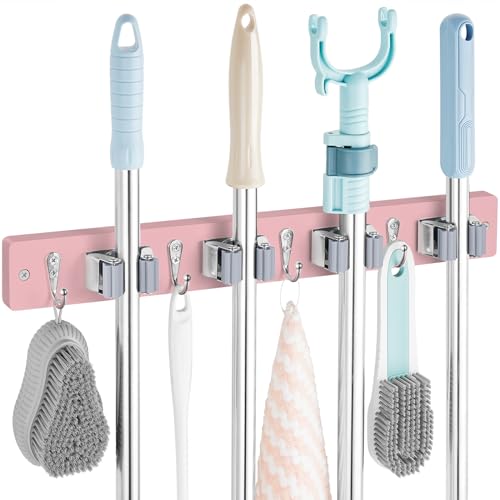 OUTNILI Pink Mop Broom Holder Wall Mount with 4 Slots & 4 Hooks - Wood Broom Mop Hanger for Pantry Closet Laundry Room Kitchen Organization - for Pink Kitchen Decor and Accessories - color: Pink-4 Grips, size: 1 Pack