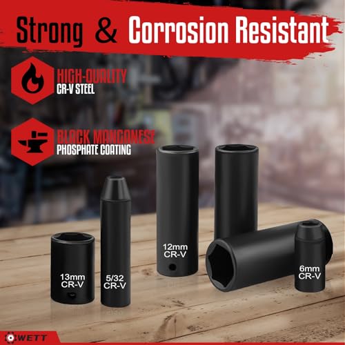 WETT 55-Piece 1/4" Drive Impact Socket Set, SAE/Metric, Deep/Shallow, Cr-V Steel, 6 Point, (5/32"-9/16", 4-15mm) Sockets with Ratchet Handle, Extension bar, Adapter and Universal Joint - size: Upgraded 1/4" Drive Socket Set (55pcs)