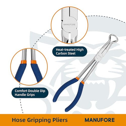 MANUFORE 3PCS 11-Inch Long Reach Hose Gripper Removal Pliers Set | 3-Piece Set, 3/8", 1/2", 3/4" Serrated Ring Jaw, Comfort Grip for Better Control, High Carbon Steel, for Various Hose
