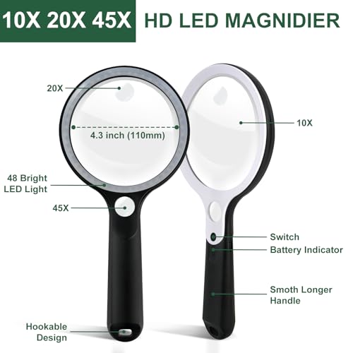 Magnifying Glass with 48 LED Light, 10X 20X 45X Handheld Illuminated Lighted Magnifier with 5 Light Modes Rechargeable Magnifying Glass for Seniors Reading Inspection (White & Black) - color: Black Handle