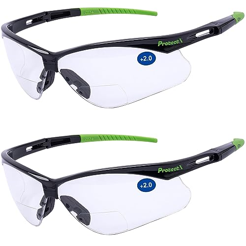 ProtectX Classic Safety Glasses, Anti-Fog Scratch Resistant Lenses, Protective Eyewear for Work, Indoor/Outdoor, ANSI Z87.1 - color: Evergreen Bifocal Reading 2.0 - 2 Pack