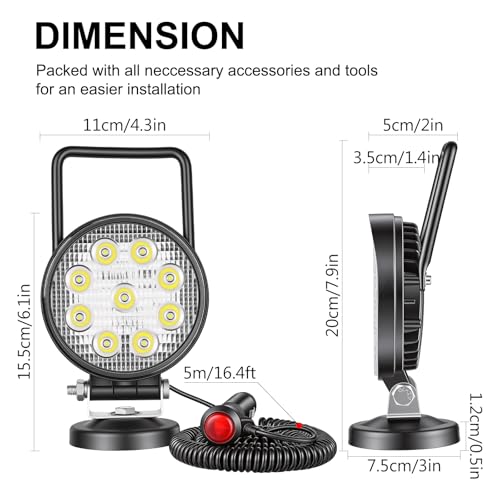 SKYWORLD Magnetic Mount LED Work Light, 2PCS 4 Inch 27W Round Spot Off Road Driving Fog Lamp 12V 24V with Portable Magnetic Base Holder for Truck Tractor Trailer Car Boat Engineering Vehicle - size: 2Pcs 4 Inch 27W Spot