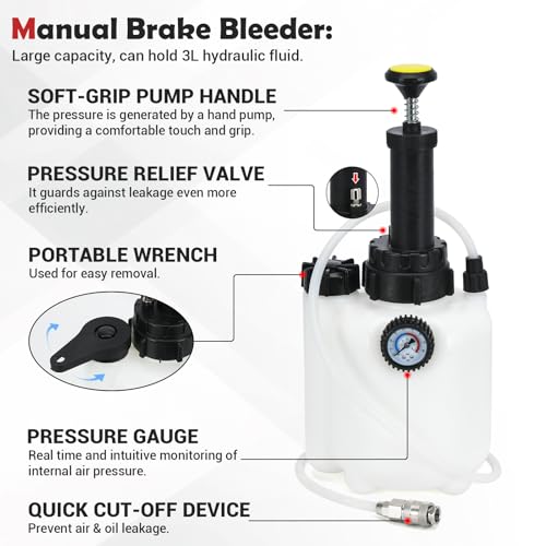 Upgrade 3L Manual Brake Bleeder Kit with 1L Brake Bleed Bottle and 1 Universal Master Cylinder Adapters,Professional Brake Bleeder Fluid Pump Kit Suitable for Most Brake Mast Cylinder Reservoirs - size: 3L+universal adapters