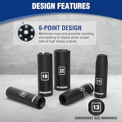 WORKPRO 14-Piece 1/2＂ Drive Deep Impact Socket Set, 6-Point Impact Deep Socket Set with Heavy Duty Storage Case for Automotive and Mechanical Repairs, 10mm-27mm, Cr-V Steel, Metric - style: 14PC, Metric