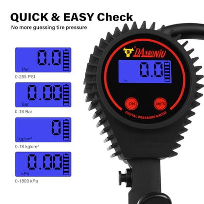 Heavy Duty Digital Tire Pressure Gauge, Air Pressure Gauge Inflator, Quick Lock Chuck, 20" Hose, 1/4" Npt, W/Extreme ± 0.1& Accuracy, 0-250 PSI