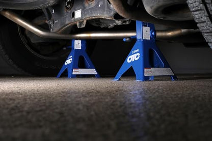 OTC S03 3-Ton Jack Stands - Pair | 17-11/16" Max. Height; 12" Min. Height; 8-1/4" x 7-1/2" Base; 11 Tooth Ratcheting Adjustment; 1" x 3-1/2" V-Notch Saddle - size: 3-Ton