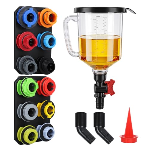 18Pcs Oil Funnel Kit, 1.59QT/1.5L Automotive Oil Funnel Set with 12 Adapters, Elbow Fitting, Arrow Screen and Magnetic Storage Hooks Tray, Compatible with BMW, Audi, GM, Ford Land Rover Etc